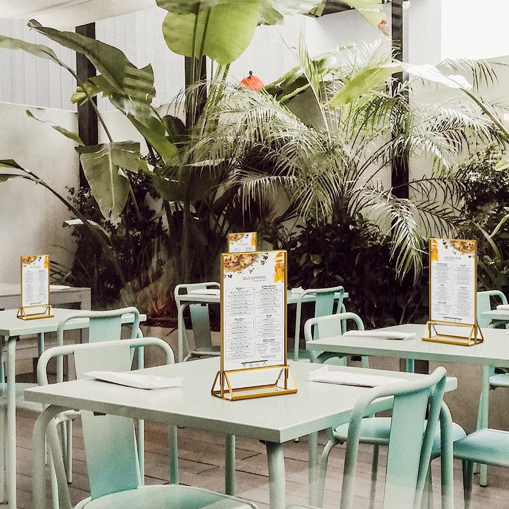 Climberty 6Pcs Acrylic Gold Sign Holders, 4x6 inch Clear Picture Frames with Gold Borders and Vertical Stand, Double Sided Table Menu Display Stand for Restaurant Signs, Wedding Table and Photos Climberty 6Pcs Acrylic Gold Sign Holders, 4x6 inch Clear Picture Frames with Gold Borders and Vertical Stand, Double Sided Table Menu Display Stand for Restaurant Signs, Wedding Table and Photos